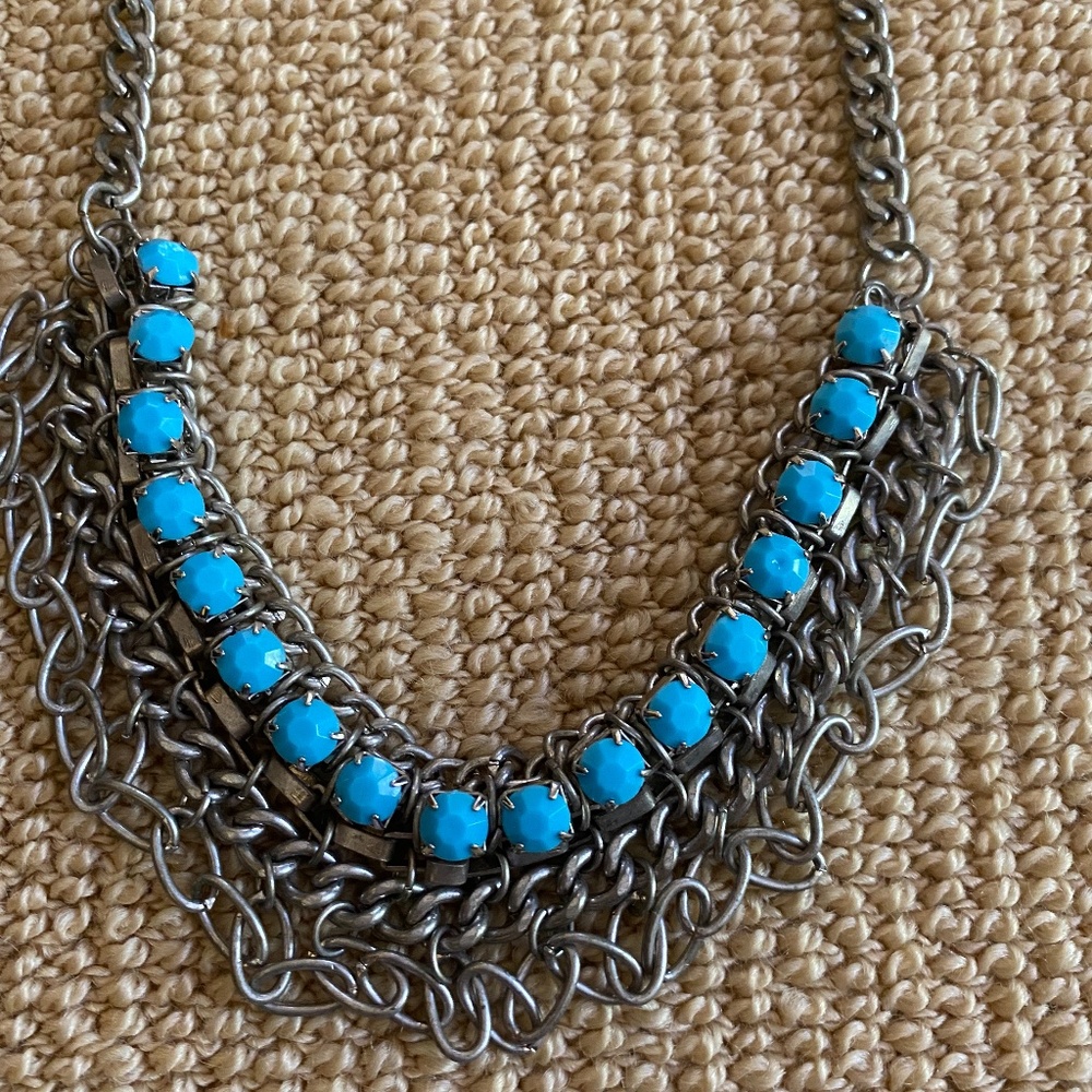 Blue Gemstone Silver Chain Statement Necklace, New - image 2